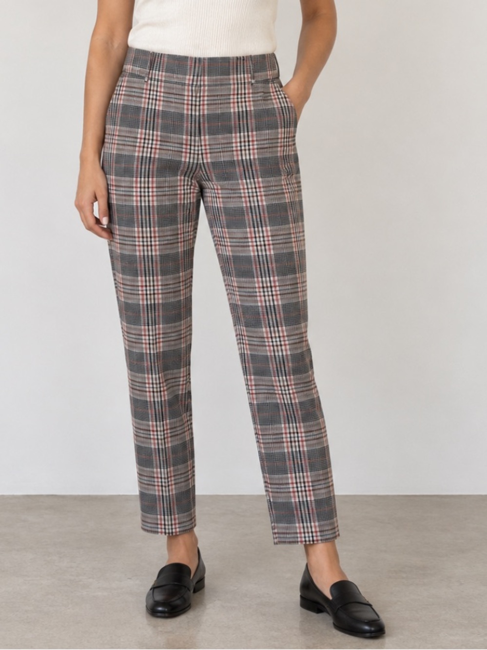 Ann Taylor LOFT Tartan Plaid High Rise Slim Straight Trouser Pant Career Black 8